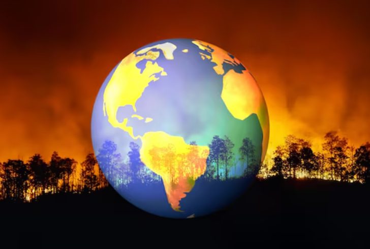 Glowing Earth with wildfire backdrop