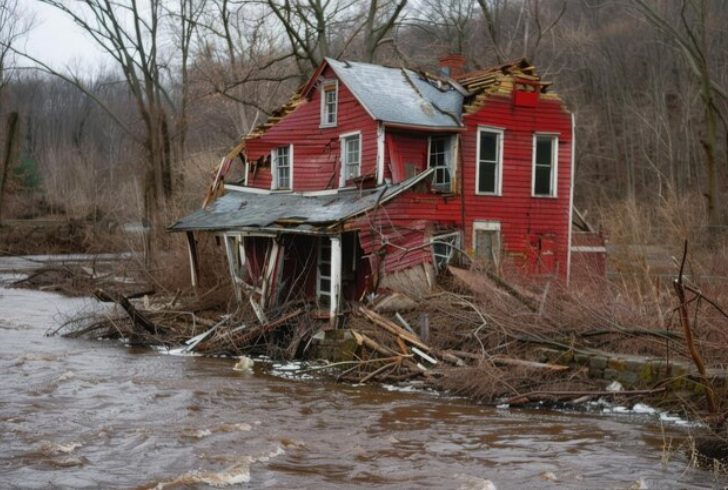 Flood damaged red house near river